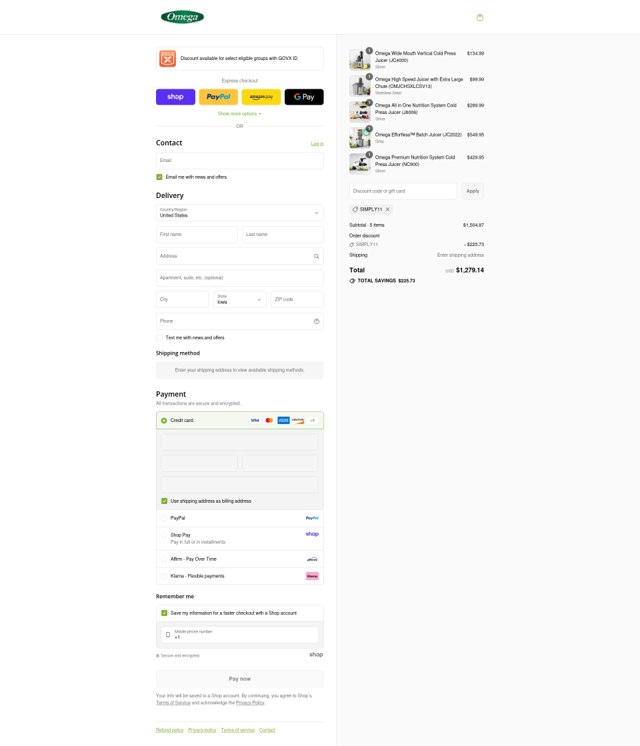 Omega Juicers checkout page showing Omega Juicers coupon code box | Screenshot taken by SimplyCodes community member on Sep 6, 2025