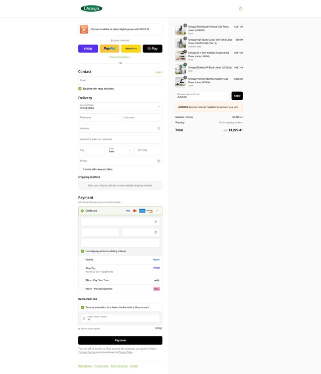 Omega Juicers checkout page showing Omega Juicers coupon code box | Screenshot taken by SimplyCodes community member on Sep 2, 2025