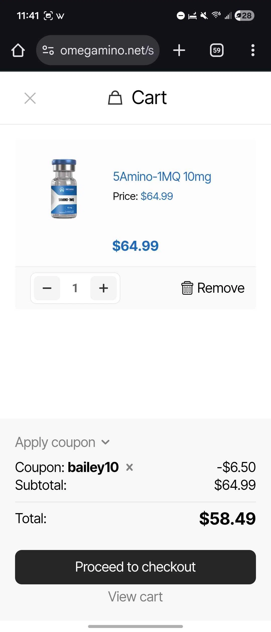 Omegamino promo code screenshot showing code bailey10 applied at Omegamino checkout page. Uploaded by SimplyCodes community member Michael67 on Jan 5, 2026