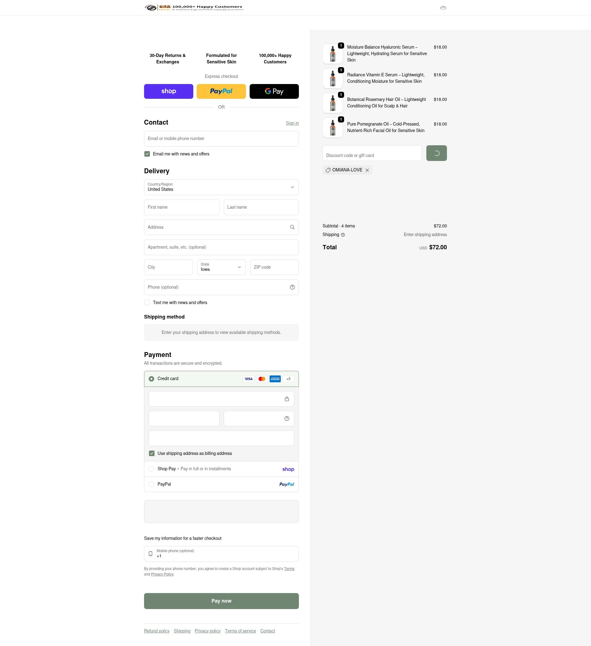 Omiana checkout page showing Omiana promo code box | Screenshot taken by SimplyCodes community member on Feb 26, 2026