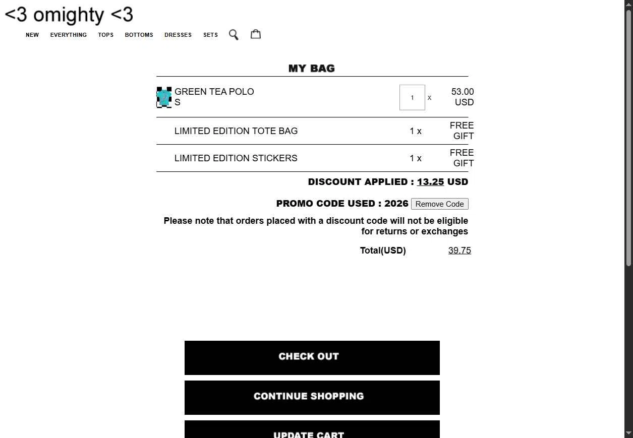 O-Mighty checkout page showing O-Mighty promo code box | Screenshot taken by SimplyCodes community member on Dec 31, 2025