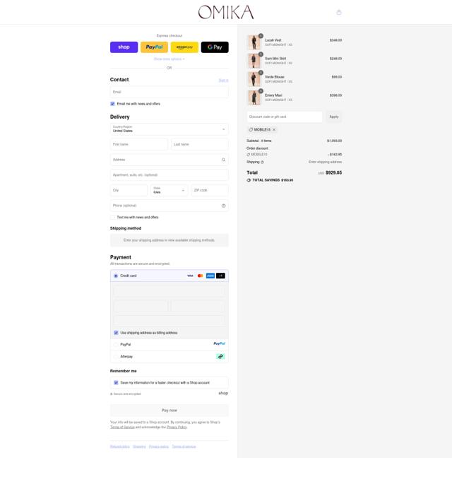 Omika checkout page showing Omika promo code box | Screenshot taken by SimplyCodes community member on Sep 11, 2025