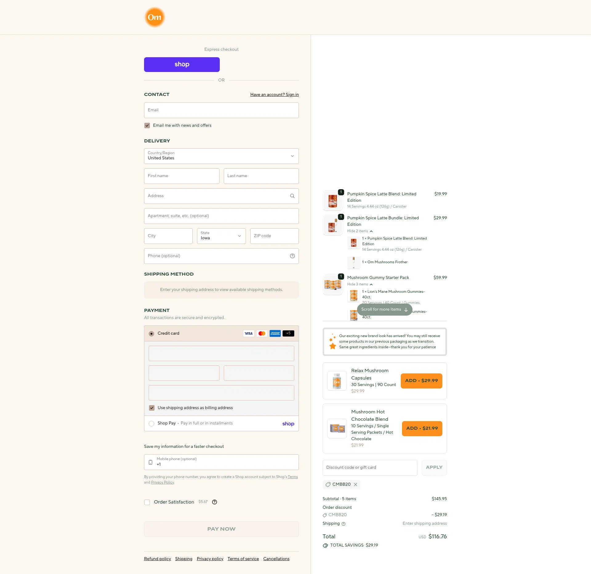 Om Mushroom Superfood checkout page showing Om Mushroom Superfood promo code box | Screenshot taken by SimplyCodes community member on Feb 9, 2026