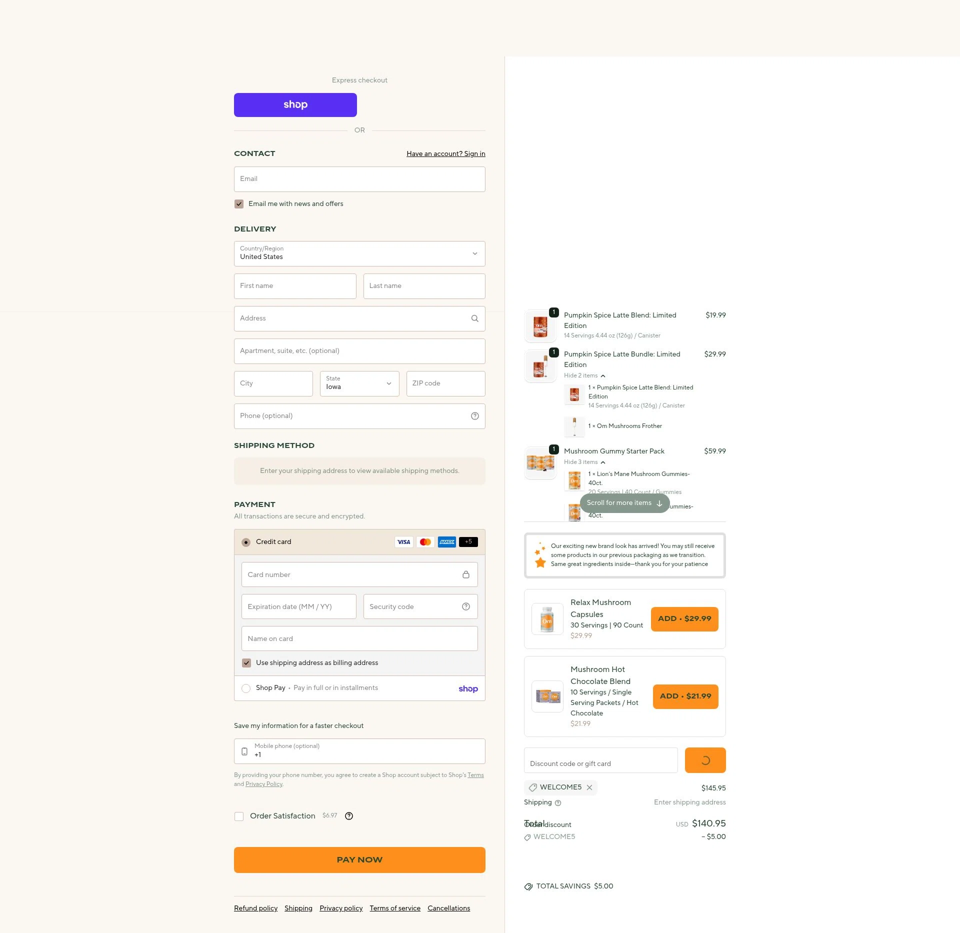 Om Mushroom Superfood checkout page showing Om Mushroom Superfood promo code box | Screenshot taken by SimplyCodes community member on Feb 9, 2026