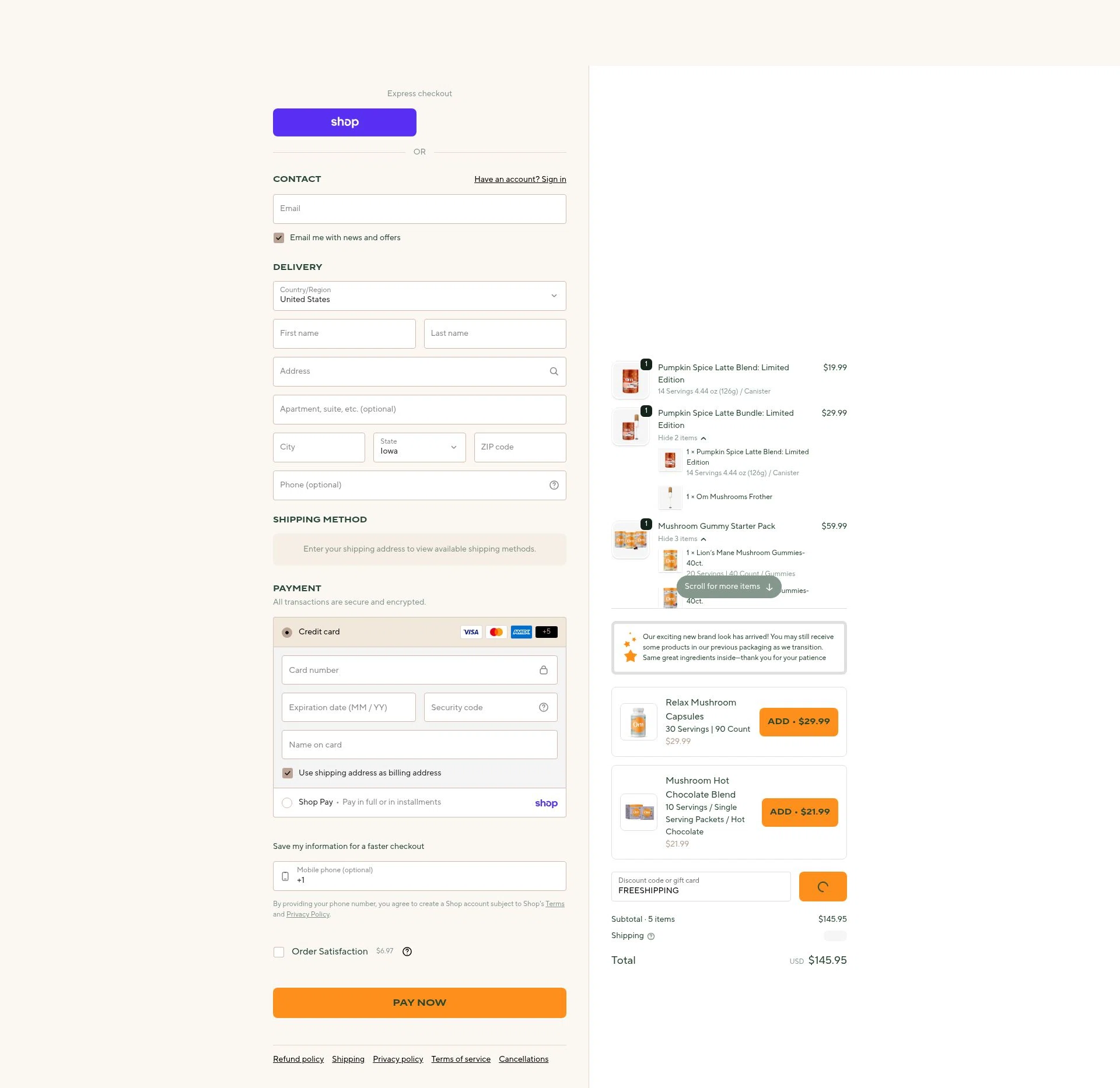 Om Mushroom Superfood checkout page showing Om Mushroom Superfood promo code box | Screenshot taken by SimplyCodes community member on Feb 5, 2026