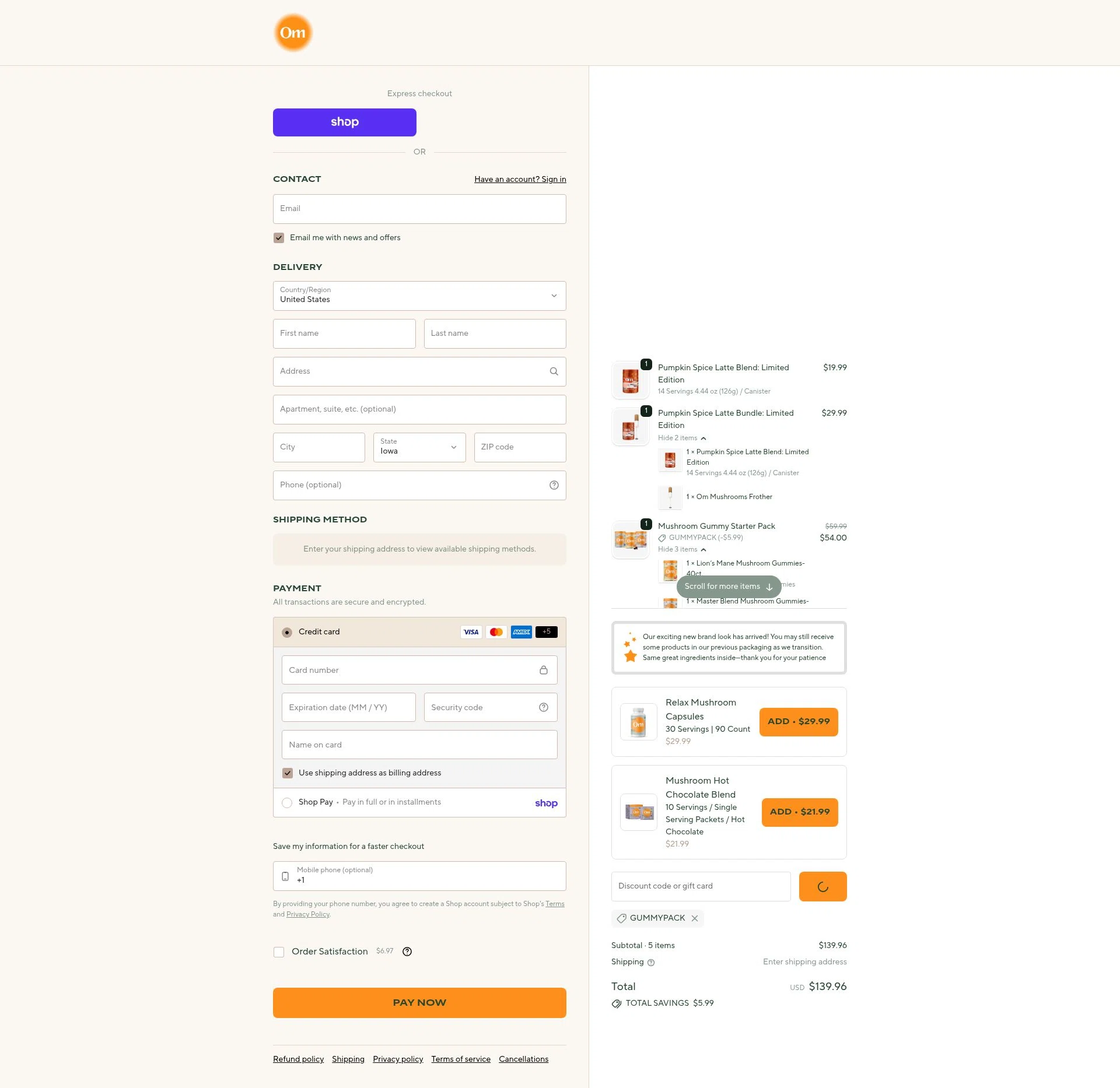 Om Mushroom Superfood checkout page showing Om Mushroom Superfood promo code box | Screenshot taken by SimplyCodes community member on Feb 9, 2026