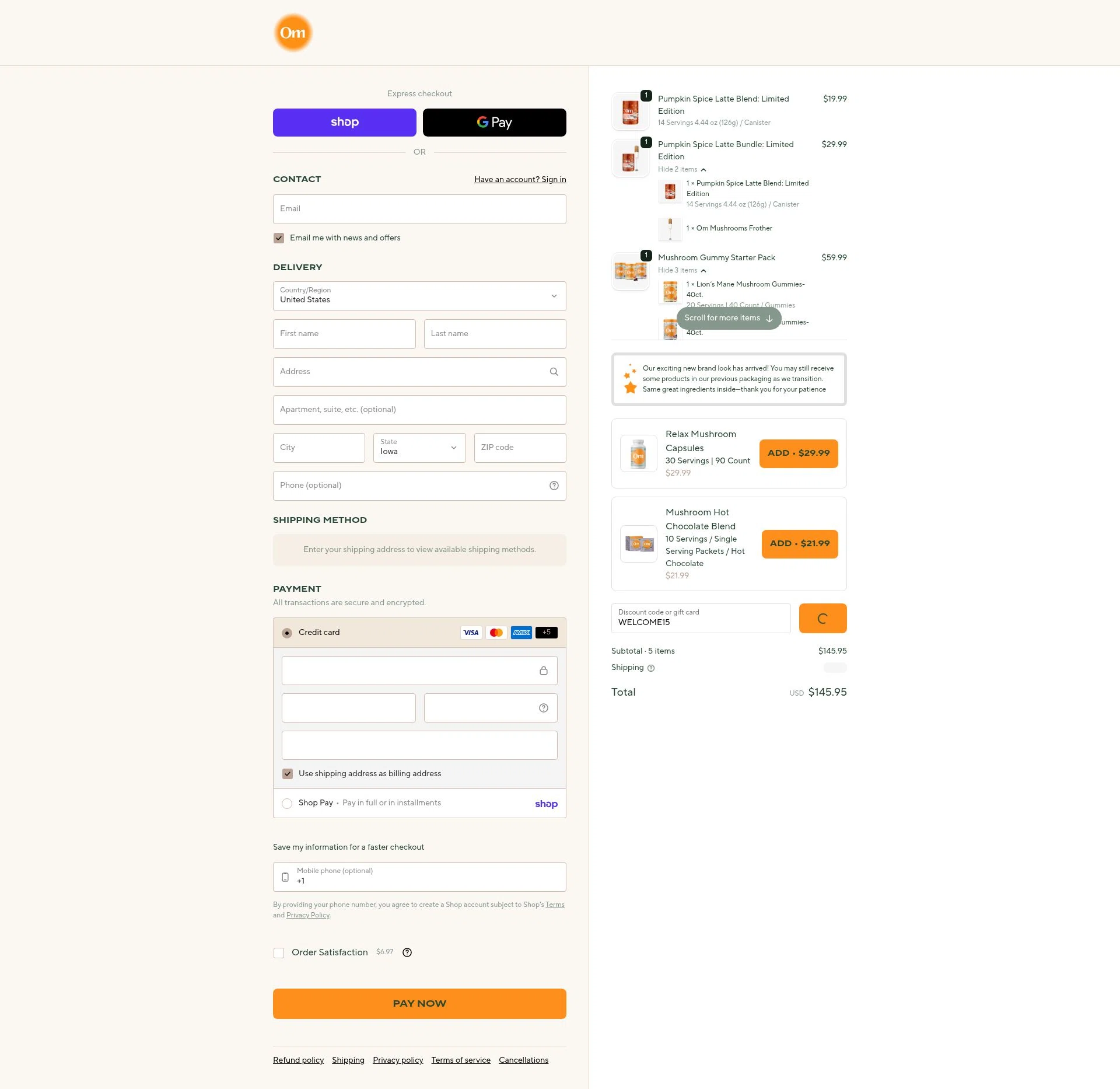 Om Mushroom Superfood checkout page showing Om Mushroom Superfood promo code box | Screenshot taken by SimplyCodes community member on Feb 9, 2026