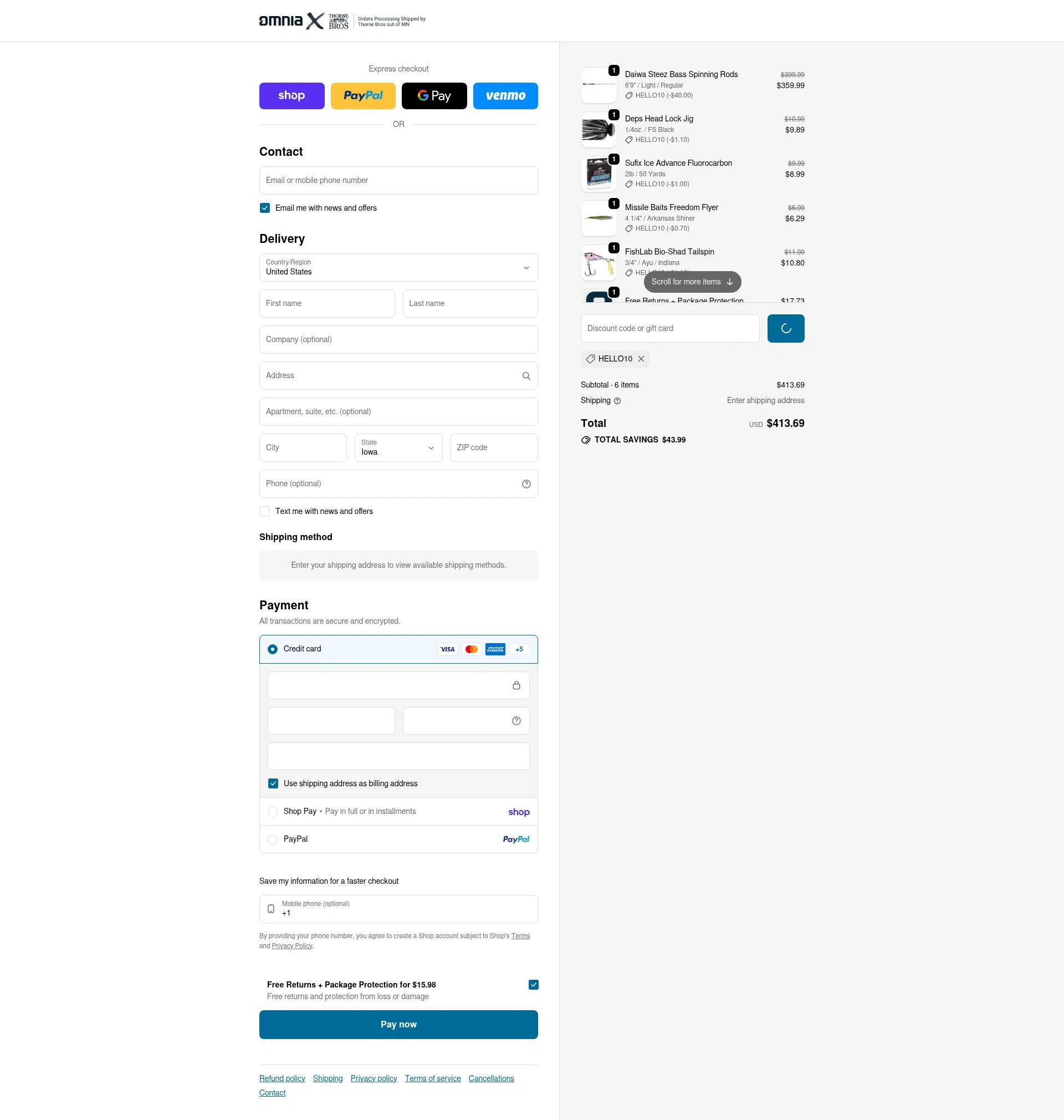 Omnia Fishing checkout page showing Omnia Fishing discount code box | Screenshot taken by SimplyCodes community member on Feb 19, 2026