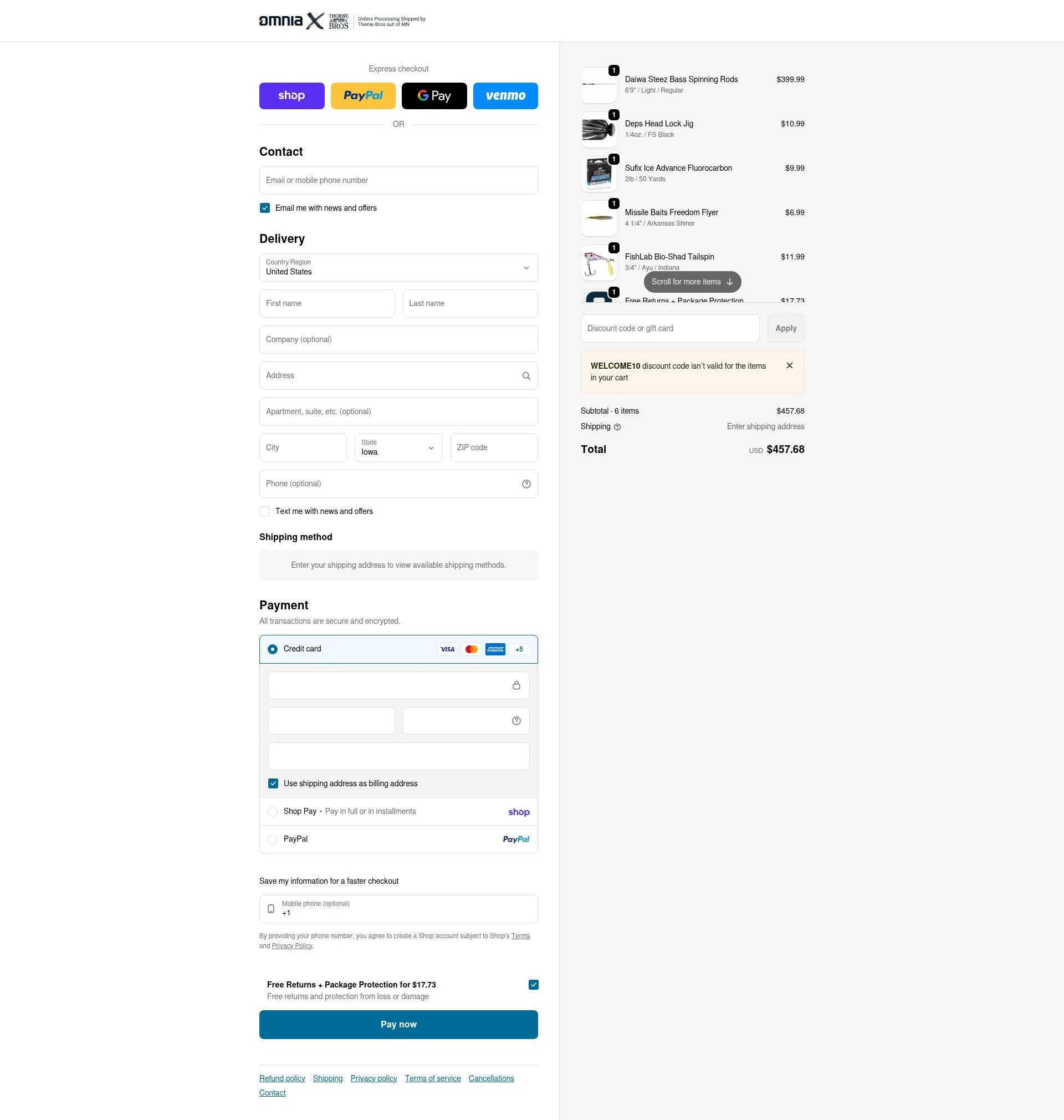 Omnia Fishing checkout page showing Omnia Fishing discount code box | Screenshot taken by SimplyCodes community member on Feb 15, 2026