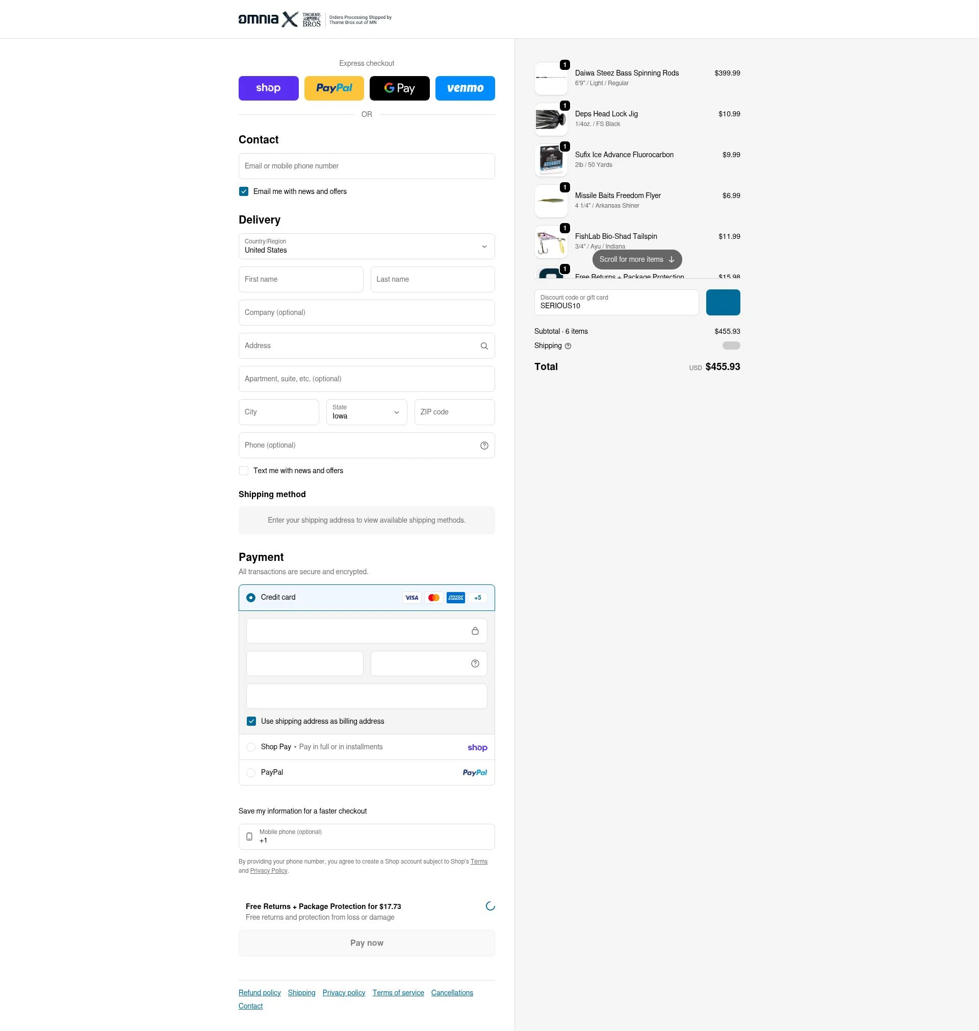 Omnia Fishing checkout page showing Omnia Fishing discount code box | Screenshot taken by SimplyCodes community member on Feb 11, 2026