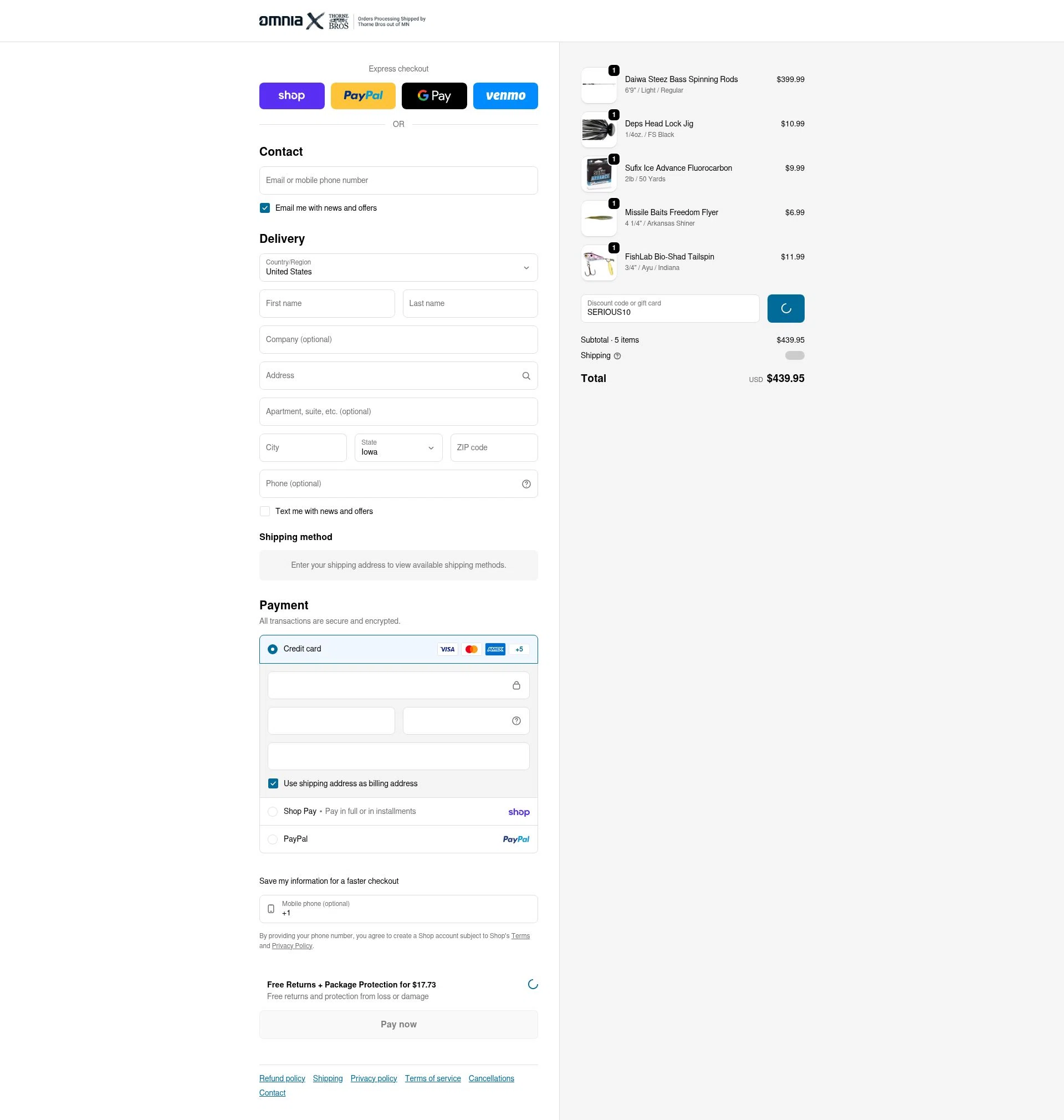 Omnia Fishing checkout page showing Omnia Fishing discount code box | Screenshot taken by SimplyCodes community member on Feb 19, 2026