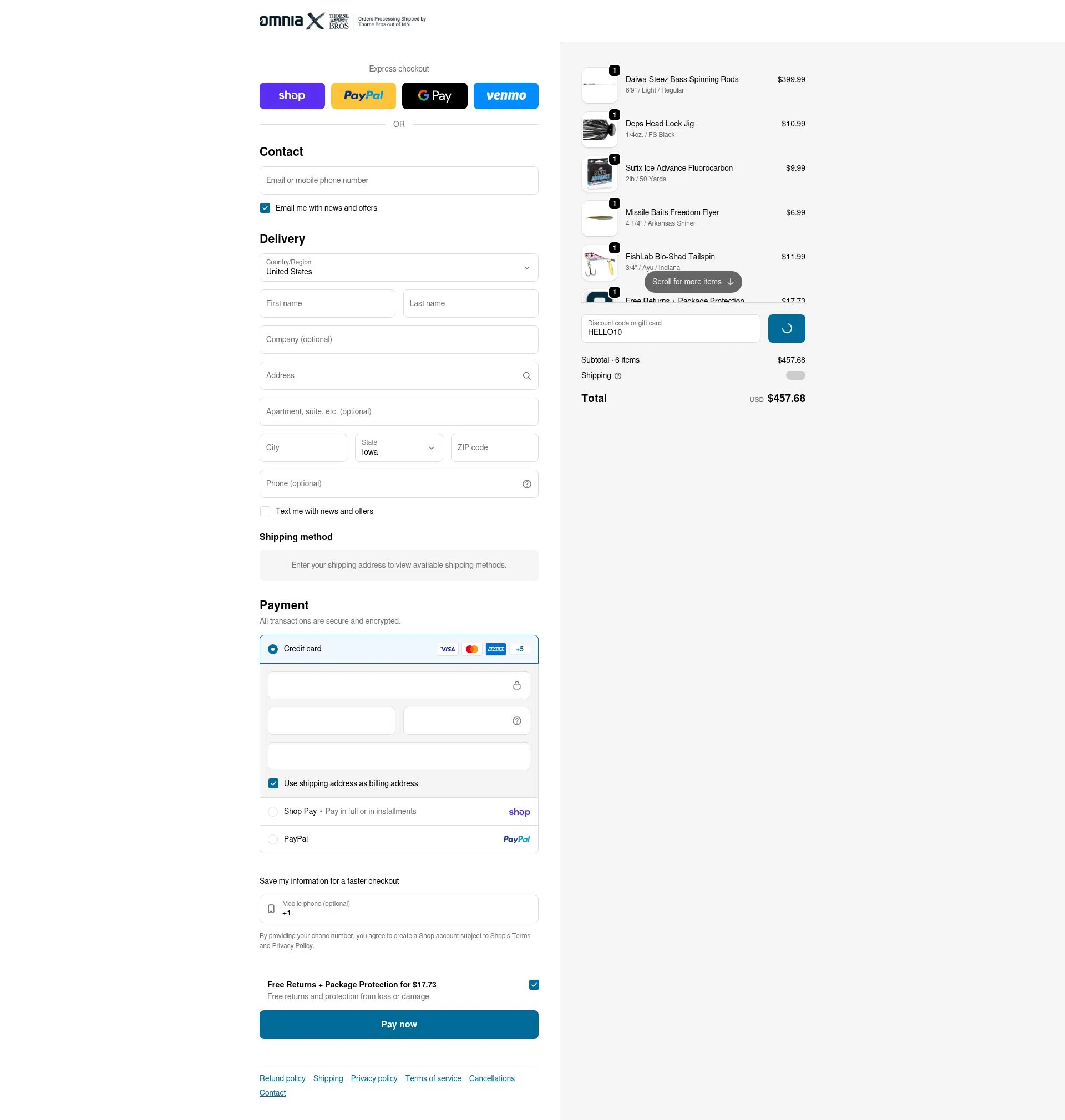 Omnia Fishing checkout page showing Omnia Fishing discount code box | Screenshot taken by SimplyCodes community member on Feb 15, 2026