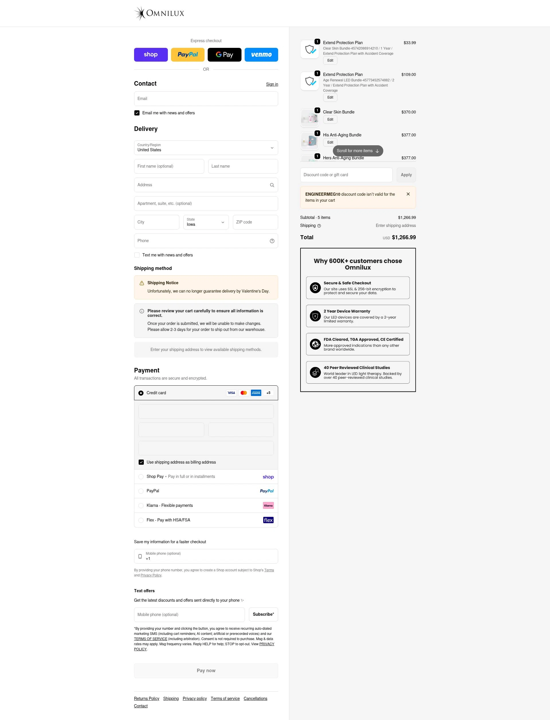 Omnilux LED checkout page showing Omnilux LED discount code box | Screenshot taken by SimplyCodes community member on Feb 10, 2026