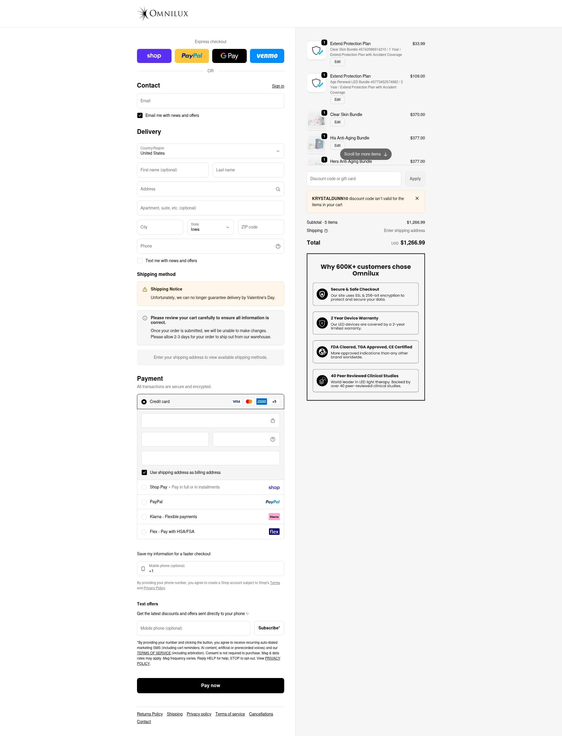 Omnilux LED checkout page showing Omnilux LED discount code box | Screenshot taken by SimplyCodes community member on Feb 10, 2026