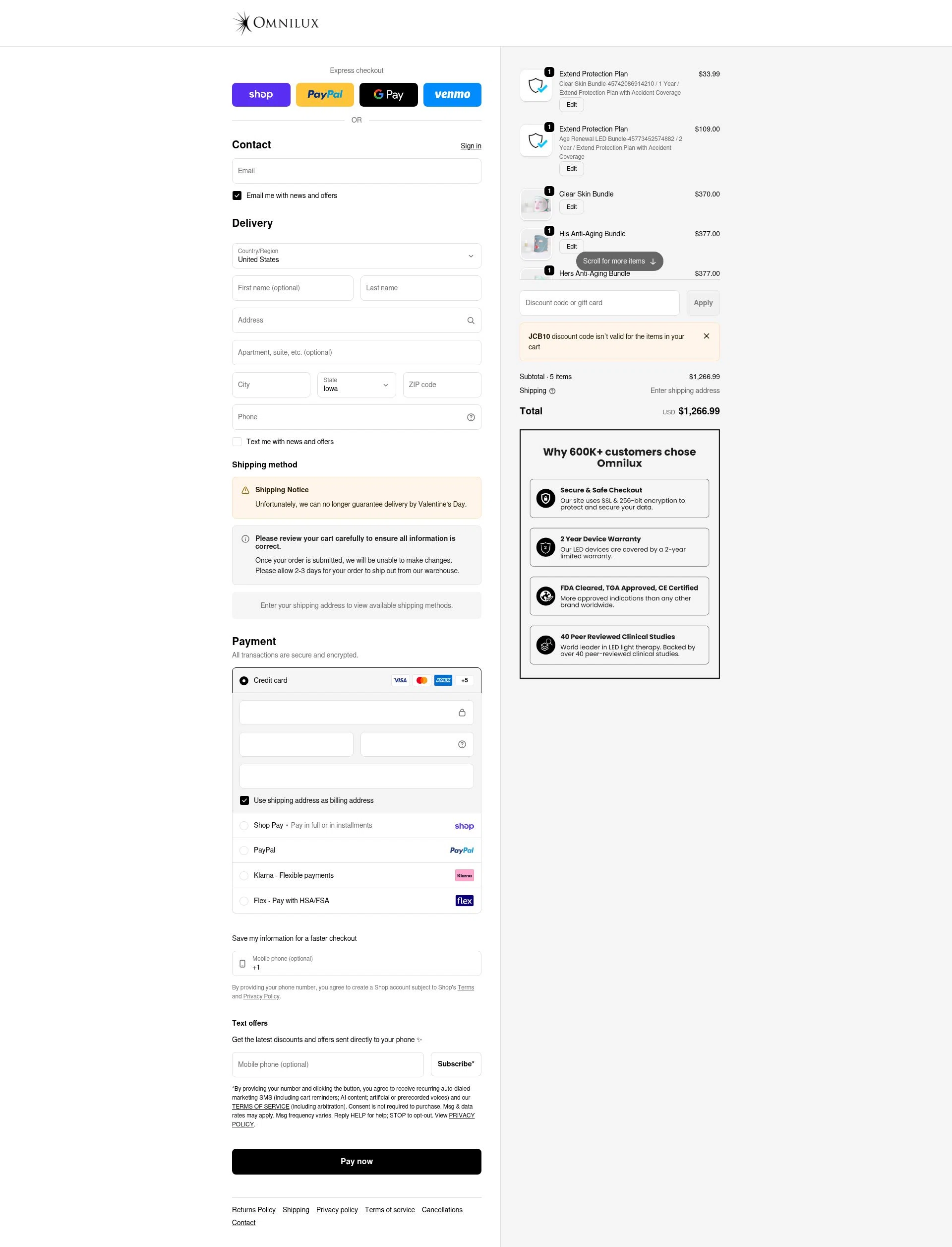 Omnilux LED checkout page showing Omnilux LED discount code box | Screenshot taken by SimplyCodes community member on Feb 10, 2026