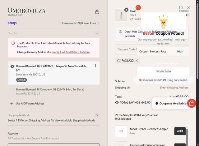 Omorovicza checkout page showing Omorovicza promo code box | Screenshot taken by SimplyCodes community member on Sep 4, 2025