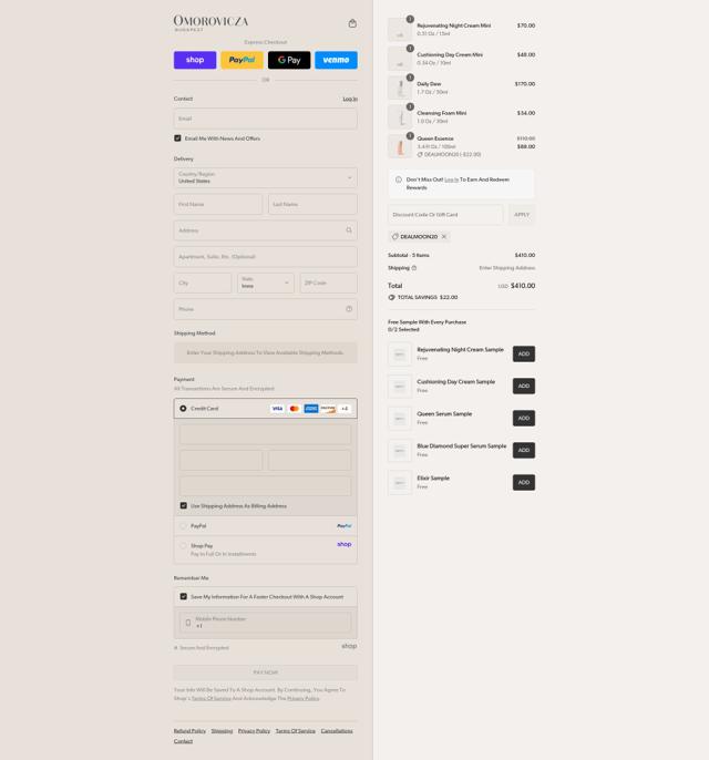 Omorovicza checkout page showing Omorovicza promo code box | Screenshot taken by SimplyCodes community member on Sep 8, 2025
