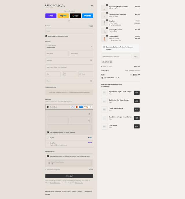 Omorovicza checkout page showing Omorovicza promo code box | Screenshot taken by SimplyCodes community member on Sep 8, 2025