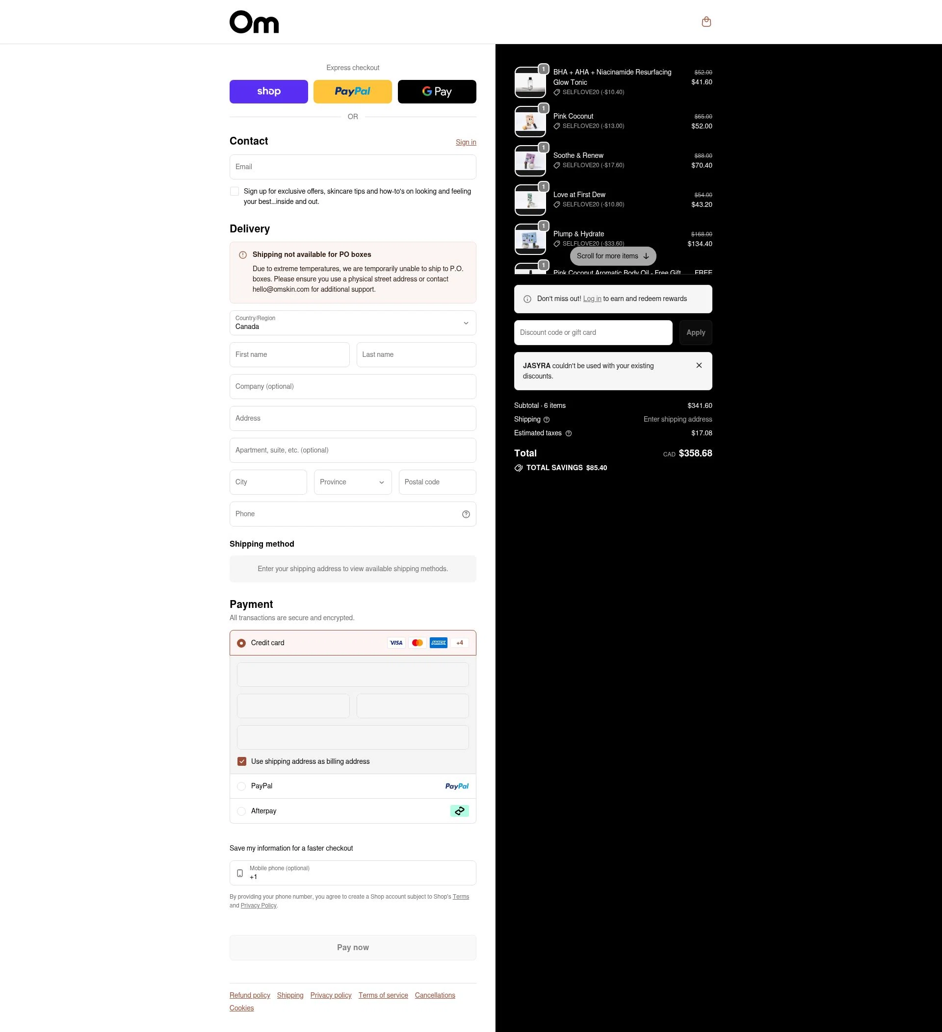Om Organics checkout page showing Om Organics discount code box | Screenshot taken by SimplyCodes community member on Feb 17, 2026