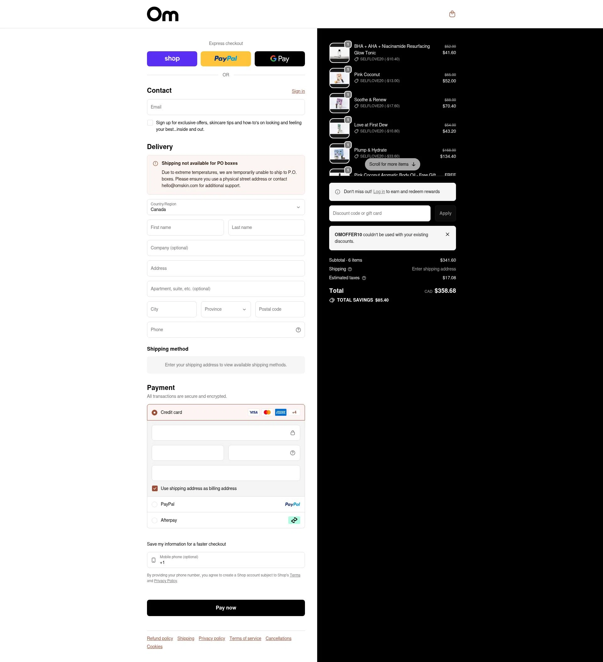 Om Organics checkout page showing Om Organics discount code box | Screenshot taken by SimplyCodes community member on Feb 13, 2026