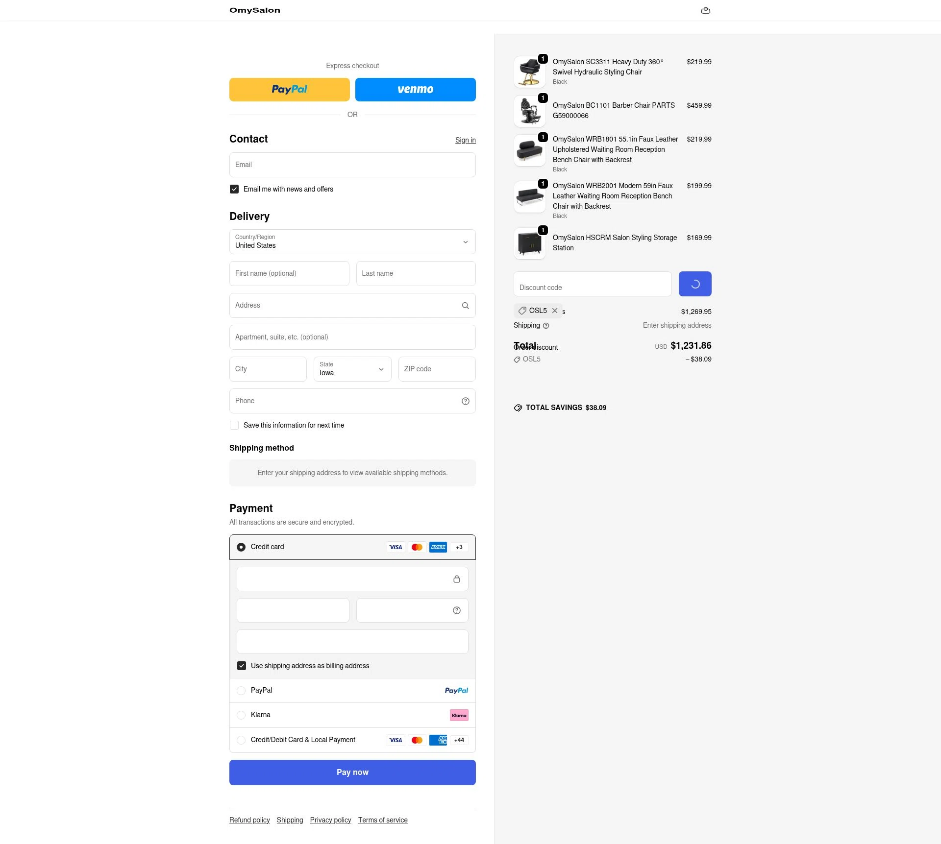 OmySalon checkout page showing OmySalon discount code box | Screenshot taken by SimplyCodes community member on Jan 5, 2026