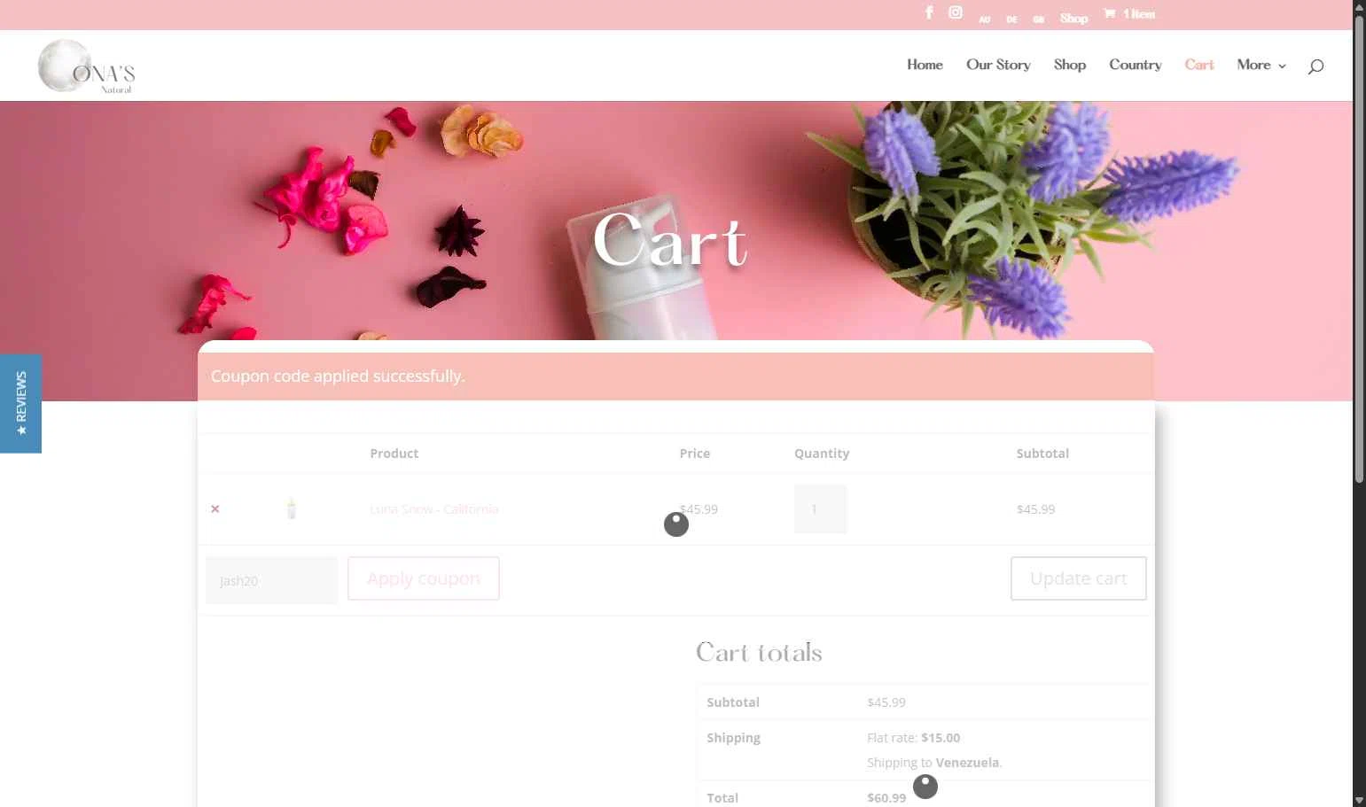 Ona's Natural checkout page showing Ona's Natural promo code box | Screenshot taken by SimplyCodes community member on Jan 11, 2026