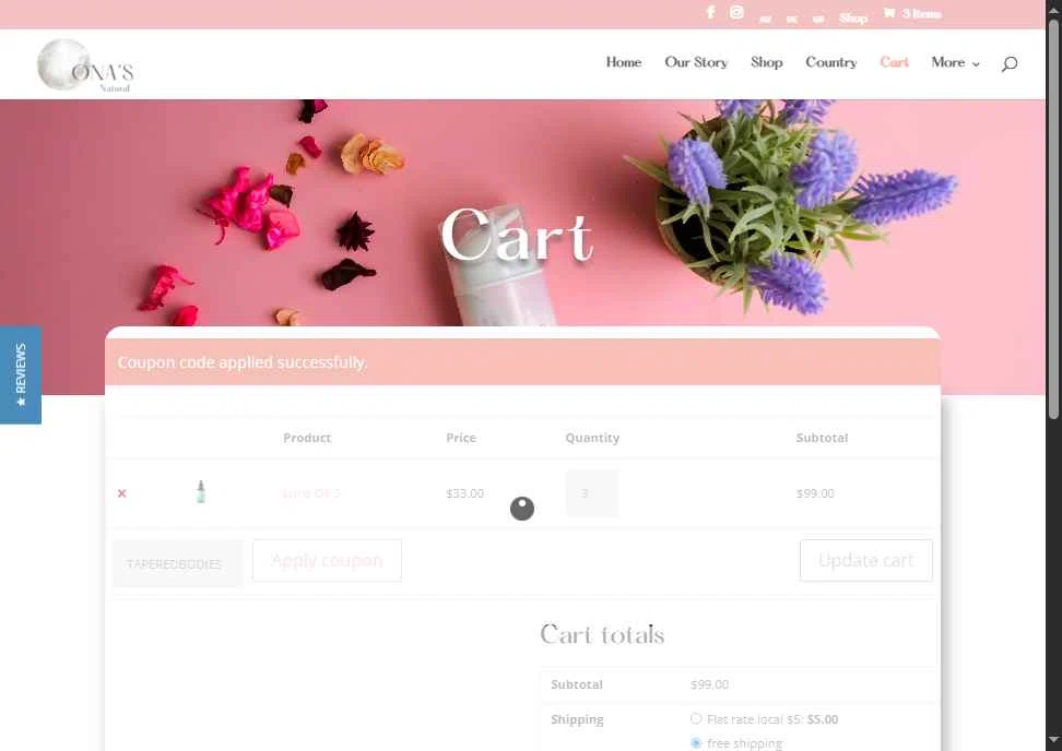 Ona's Natural checkout page showing Ona's Natural promo code box | Screenshot taken by SimplyCodes community member on Nov 8, 2025