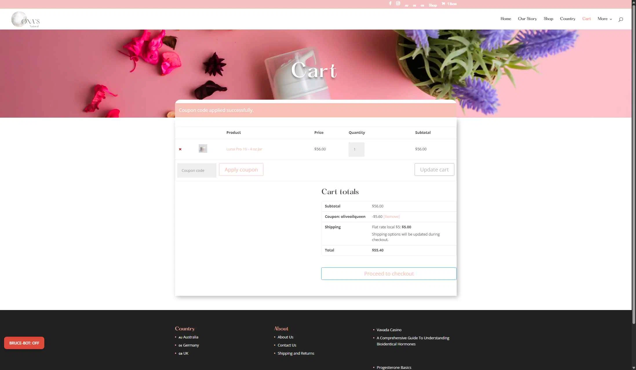 Ona's Natural checkout page showing Ona's Natural promo code box | Screenshot taken by SimplyCodes community member on Jan 4, 2026