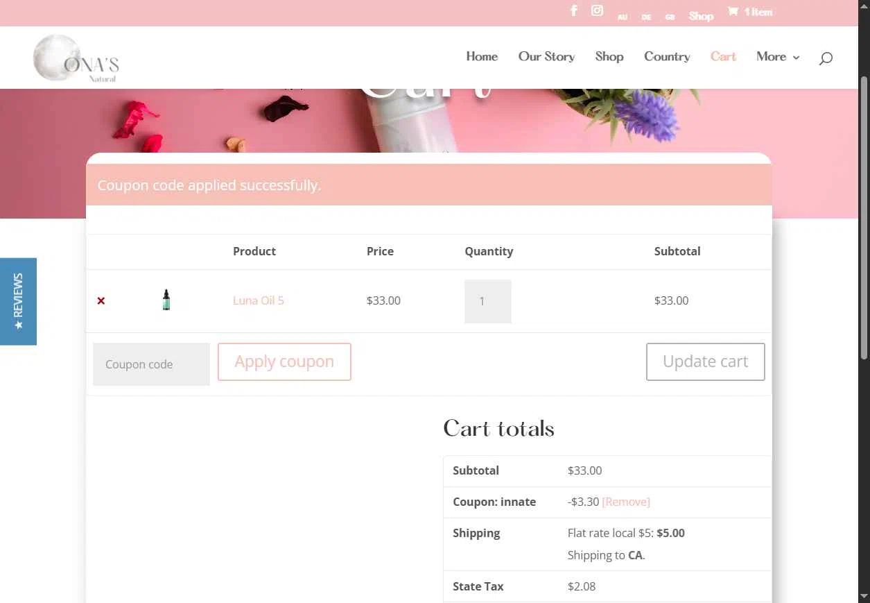 Ona's Natural checkout page showing Ona's Natural promo code box | Screenshot taken by SimplyCodes community member on Jan 4, 2026