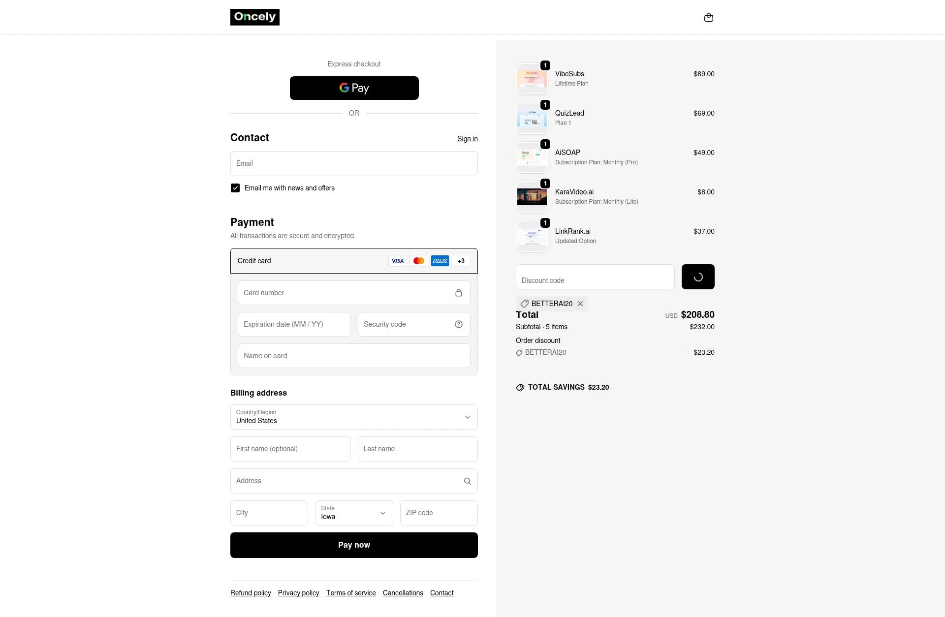 Oncely checkout page showing Oncely discount code box | Screenshot taken by SimplyCodes community member on Dec 16, 2025