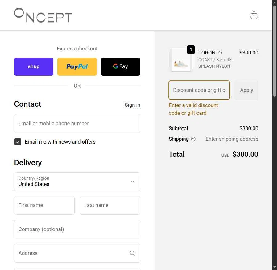 Oncept checkout page showing Oncept discount code box | Screenshot taken by SimplyCodes community member on Feb 12, 2026