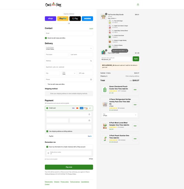 Once Upon a Farm checkout page showing Once Upon a Farm discount code box | Screenshot taken by SimplyCodes community member on Sep 6, 2025