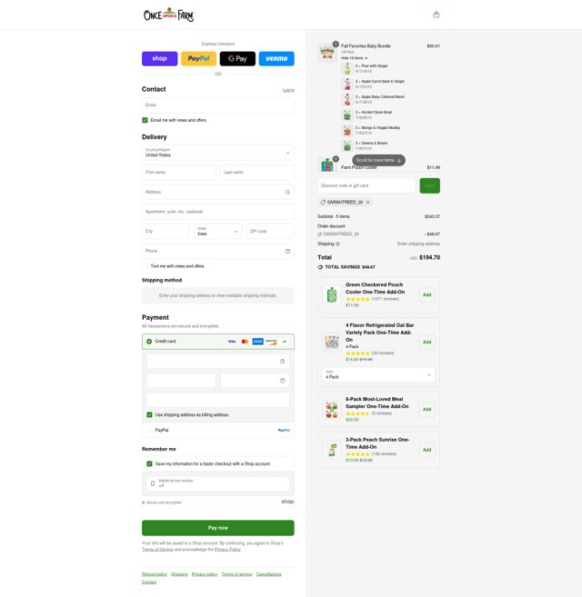 Once Upon a Farm checkout page showing Once Upon a Farm discount code box | Screenshot taken by SimplyCodes community member on Sep 6, 2025