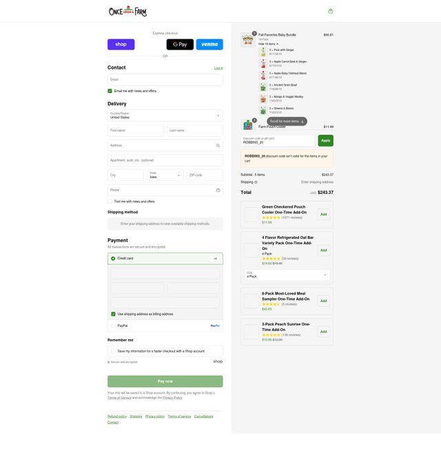 Once Upon a Farm checkout page showing Once Upon a Farm discount code box | Screenshot taken by SimplyCodes community member on Sep 6, 2025