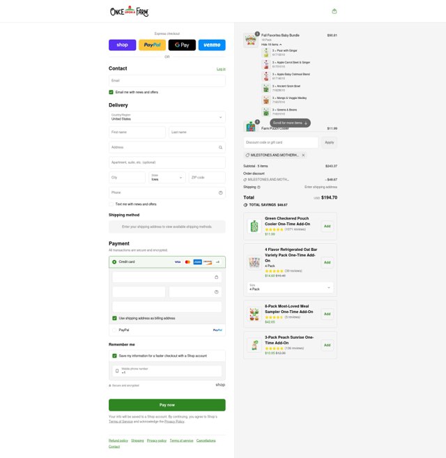 Once Upon a Farm checkout page showing Once Upon a Farm discount code box | Screenshot taken by SimplyCodes community member on Sep 6, 2025