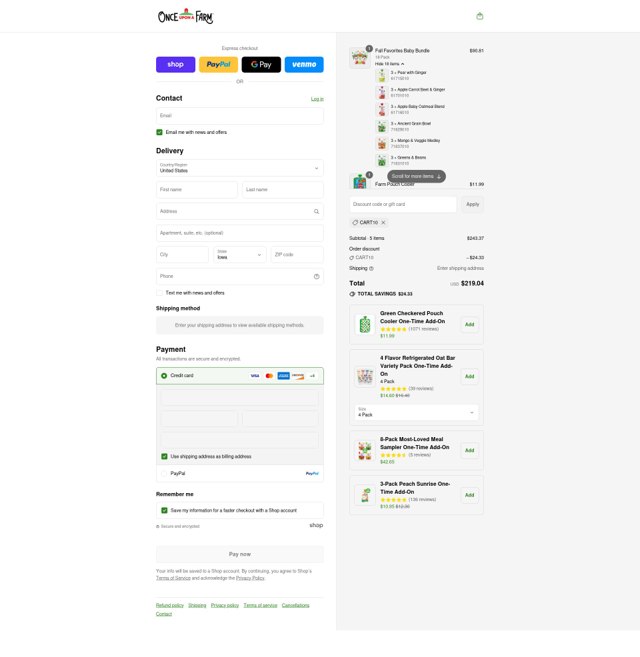 Once Upon a Farm checkout page showing Once Upon a Farm discount code box | Screenshot taken by SimplyCodes community member on Sep 6, 2025