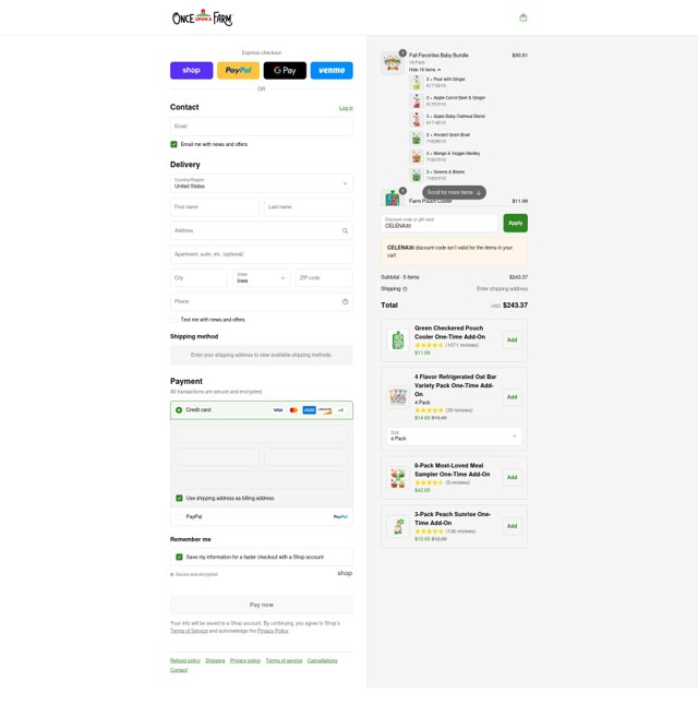 Once Upon a Farm checkout page showing Once Upon a Farm discount code box | Screenshot taken by SimplyCodes community member on Sep 6, 2025