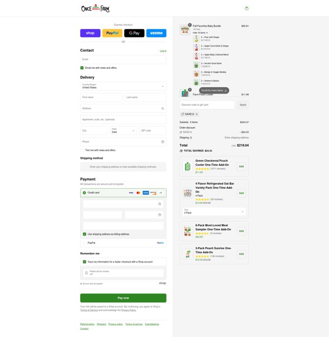 Once Upon a Farm checkout page showing Once Upon a Farm discount code box | Screenshot taken by SimplyCodes community member on Sep 6, 2025
