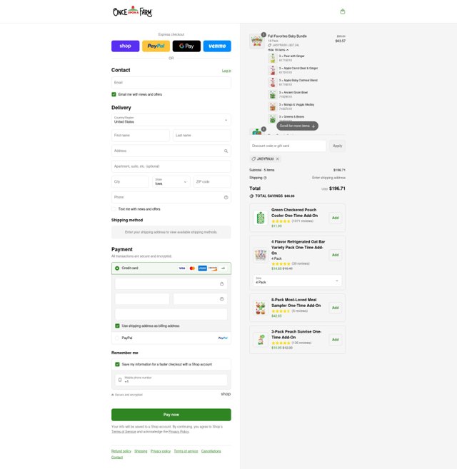 Once Upon a Farm checkout page showing Once Upon a Farm discount code box | Screenshot taken by SimplyCodes community member on Sep 6, 2025