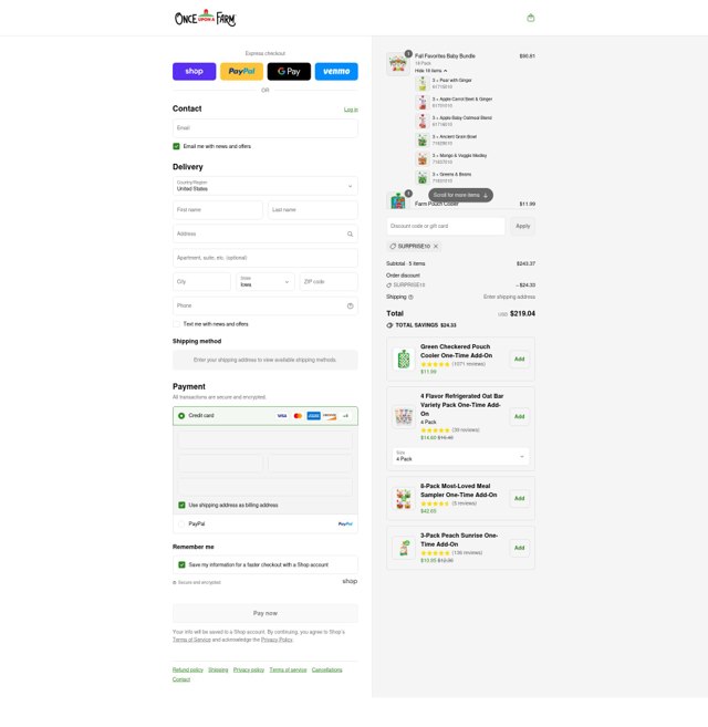 Once Upon a Farm checkout page showing Once Upon a Farm discount code box | Screenshot taken by SimplyCodes community member on Sep 6, 2025
