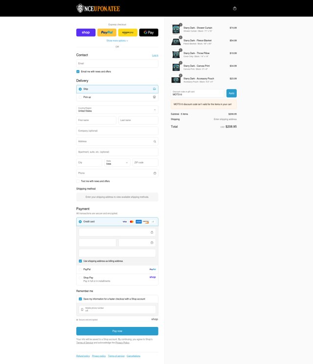 Once Upon A Tee checkout page showing Once Upon A Tee promo code box | Screenshot taken by SimplyCodes community member on Sep 3, 2025
