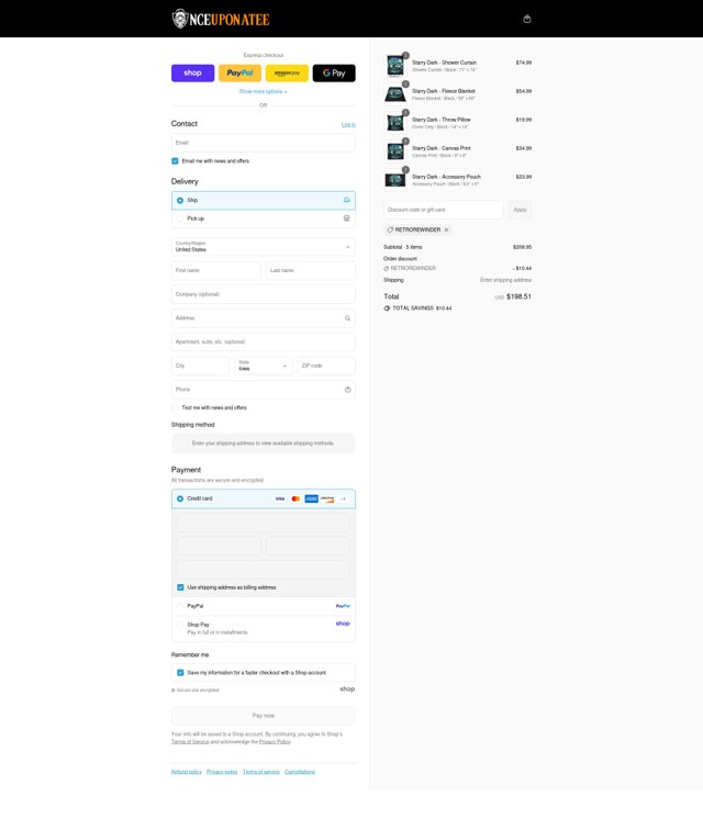 Once Upon A Tee checkout page showing Once Upon A Tee promo code box | Screenshot taken by SimplyCodes community member on Sep 3, 2025