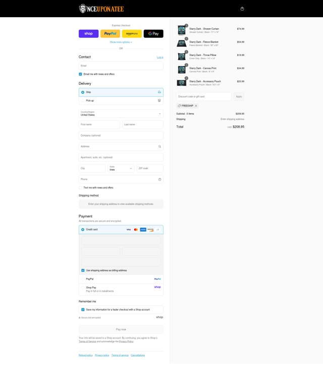 Once Upon A Tee checkout page showing Once Upon A Tee promo code box | Screenshot taken by SimplyCodes community member on Sep 3, 2025