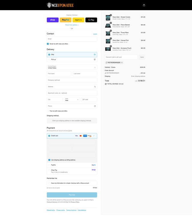 Once Upon A Tee checkout page showing Once Upon A Tee promo code box | Screenshot taken by SimplyCodes community member on Aug 30, 2025