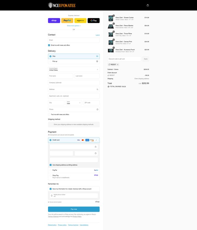 Once Upon A Tee checkout page showing Once Upon A Tee promo code box | Screenshot taken by SimplyCodes community member on Aug 30, 2025