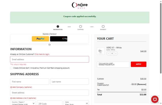 OnCore Golf checkout page showing OnCore Golf promo code box | Screenshot taken by SimplyCodes community member on Aug 2, 2025