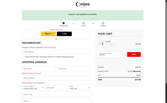OnCore Golf checkout page showing OnCore Golf promo code box | Screenshot taken by SimplyCodes community member on Jul 29, 2025