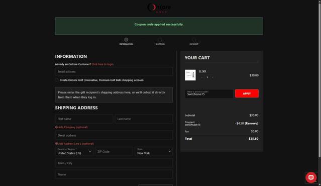 OnCore Golf checkout page showing OnCore Golf promo code box | Screenshot taken by SimplyCodes community member on Aug 31, 2025