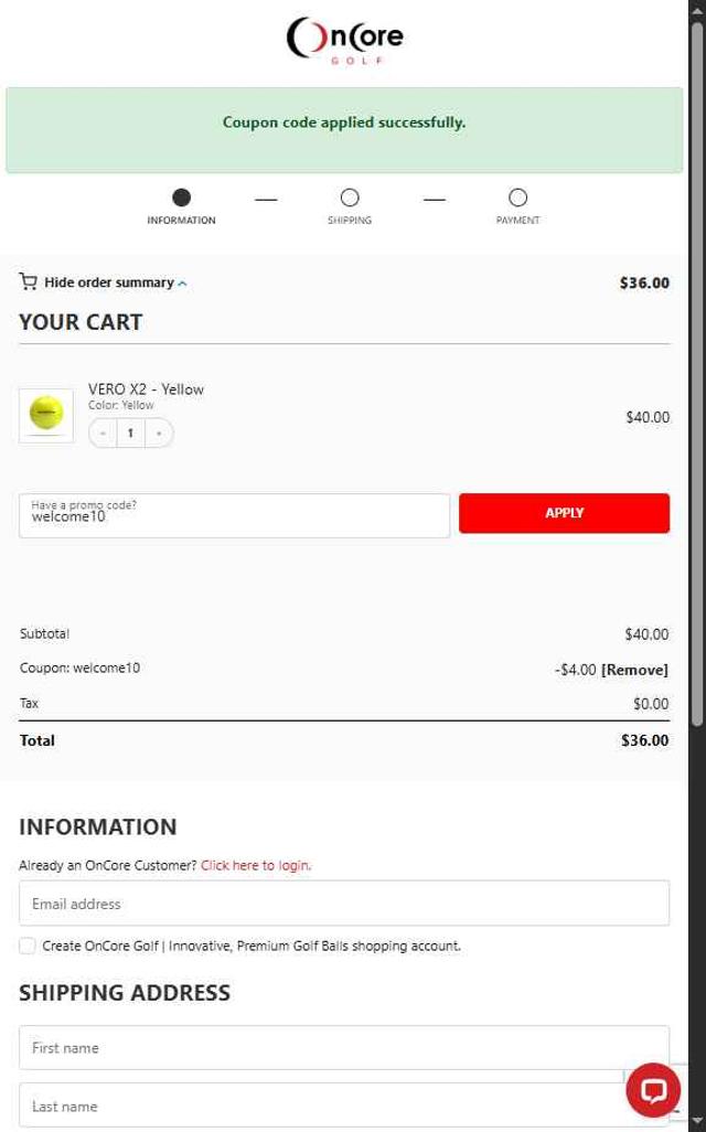 OnCore Golf checkout page showing OnCore Golf promo code box | Screenshot taken by SimplyCodes community member on Aug 9, 2025