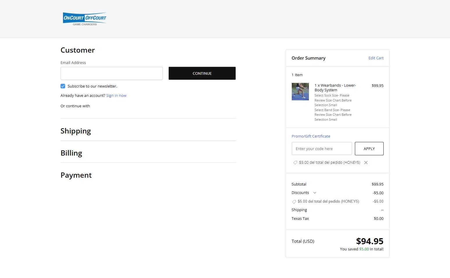 OnCourtOffCourt checkout page showing OnCourtOffCourt promo code box | Screenshot taken by SimplyCodes community member on Jan 21, 2026